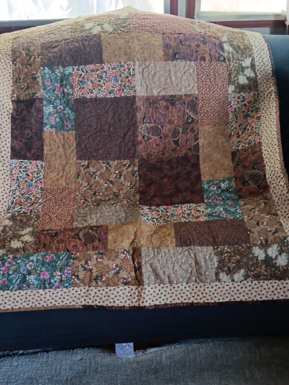 Patchwork Floral Small Quilt Throw in Brown and Green